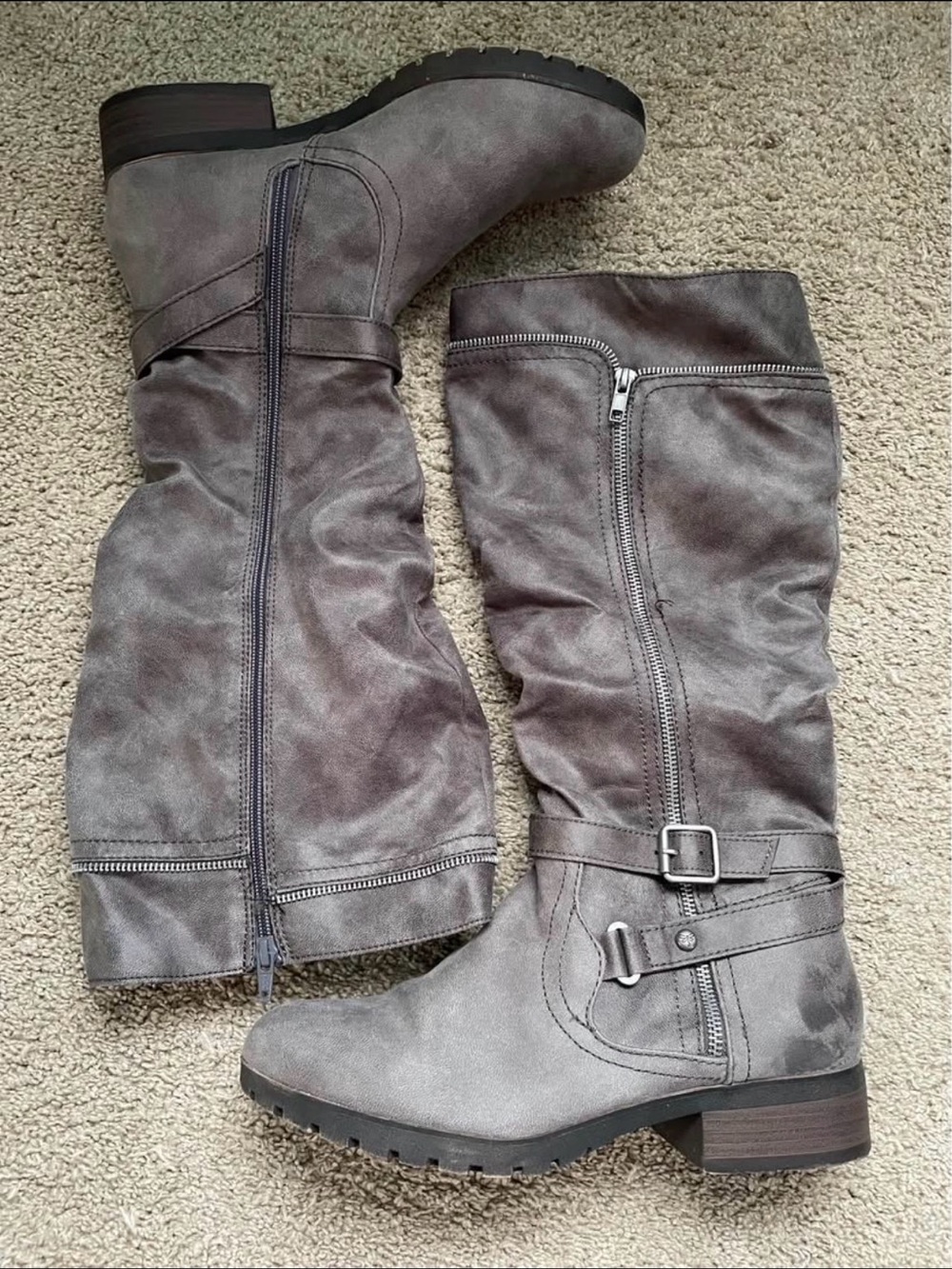 Gray Women's Knee-High Buckle Boots